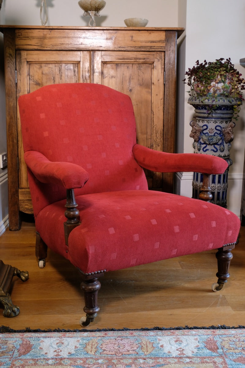 19th Century Open Arm Library Armchair With Serpentine Back and Original Castors