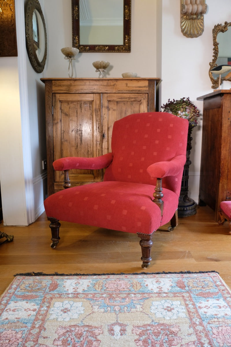 19th Century Open Arm Library Armchair With Serpentine Back and Original Castors