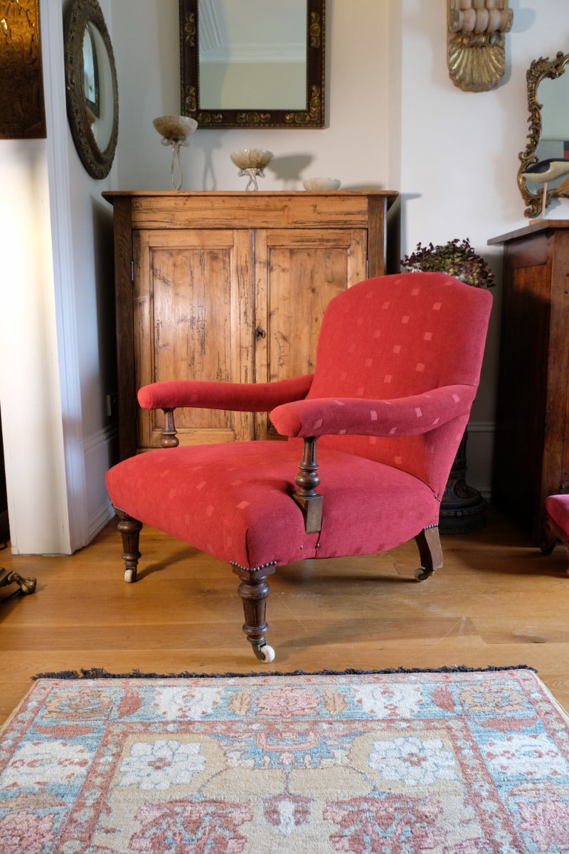 19th Century Open Arm Library Armchair With Serpentine Back and Original Castors