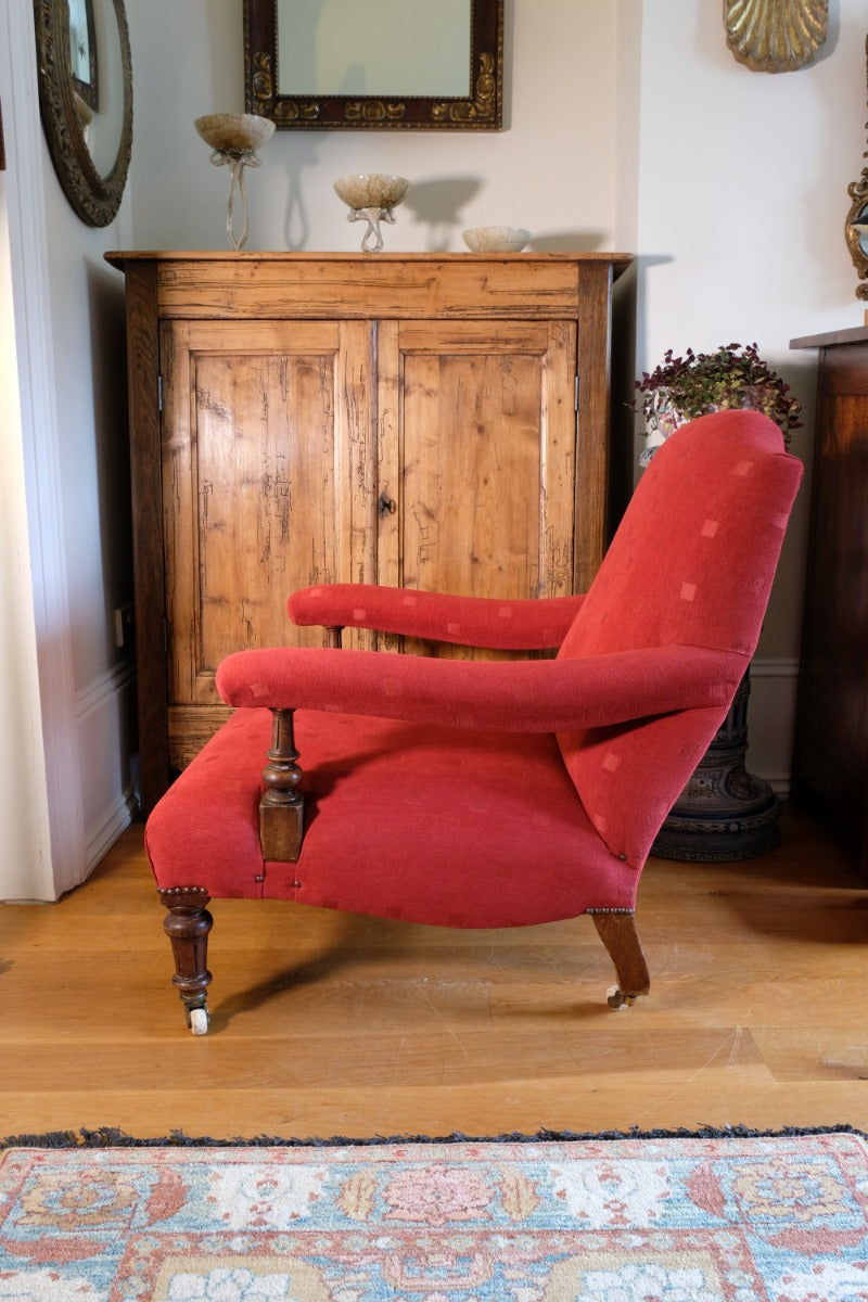 19th Century Open Arm Library Armchair With Serpentine Back and Original Castors