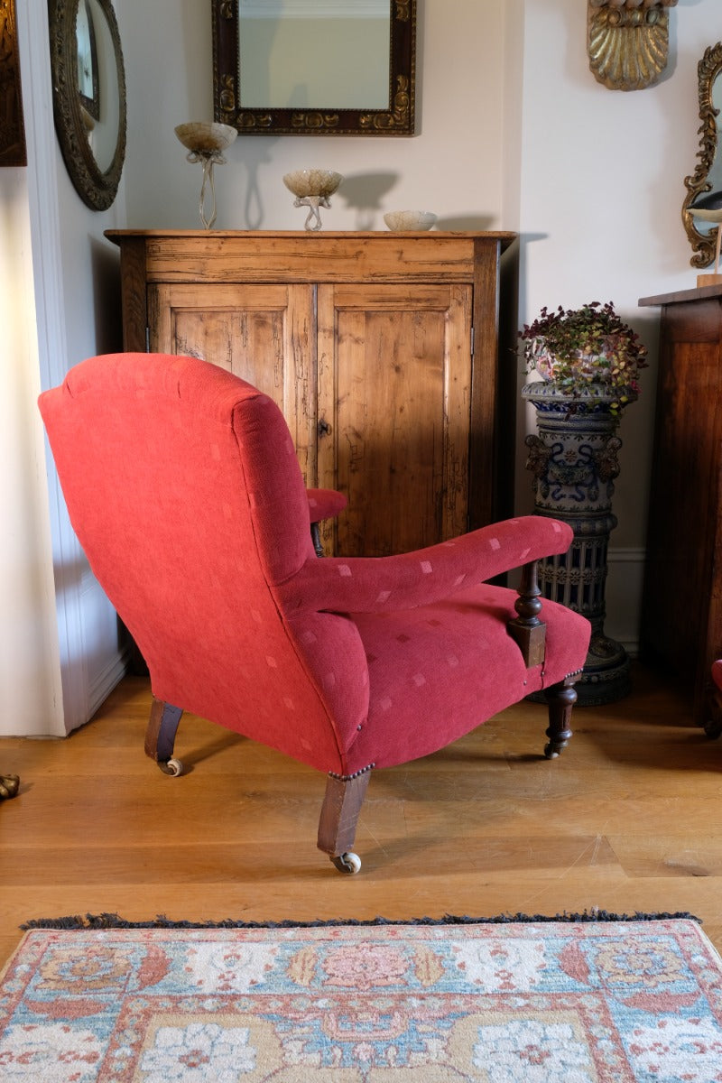 19th Century Open Arm Library Armchair With Serpentine Back and Original Castors