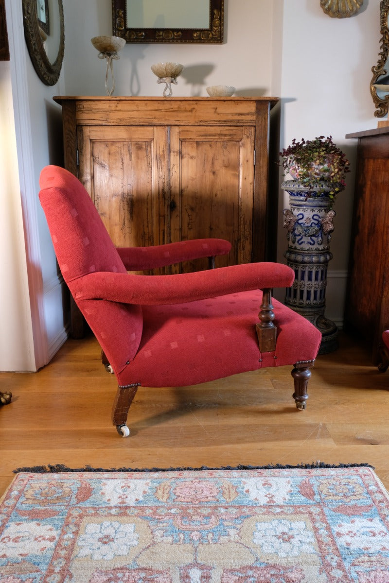 19th Century Open Arm Library Armchair With Serpentine Back and Original Castors
