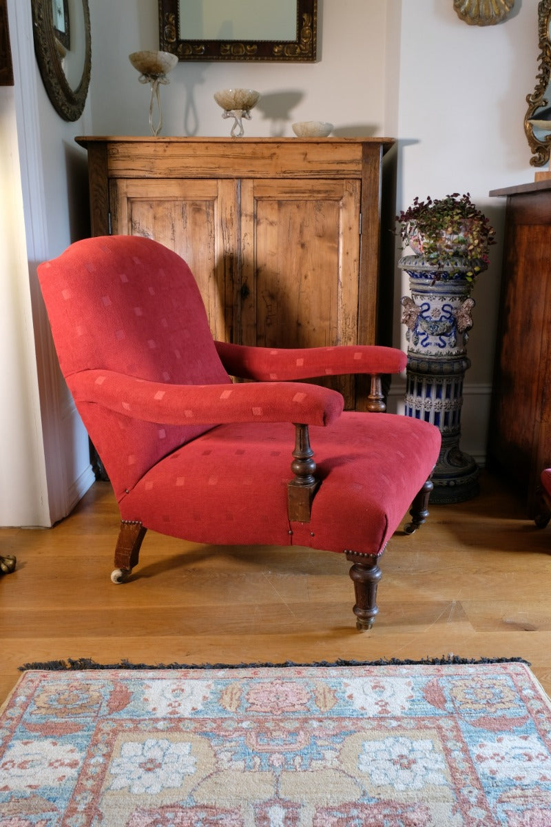 19th Century Open Arm Library Armchair With Serpentine Back and Original Castors