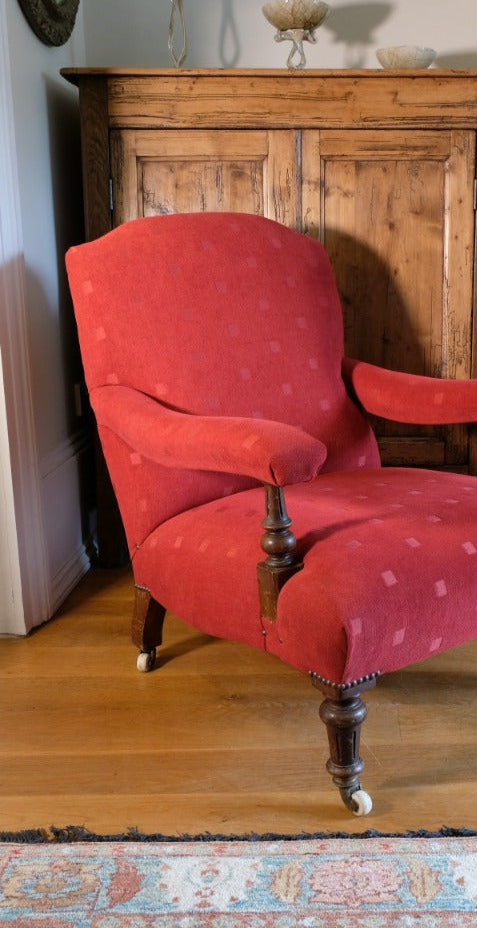 19th Century Open Arm Library Armchair With Serpentine Back and Original Castors
