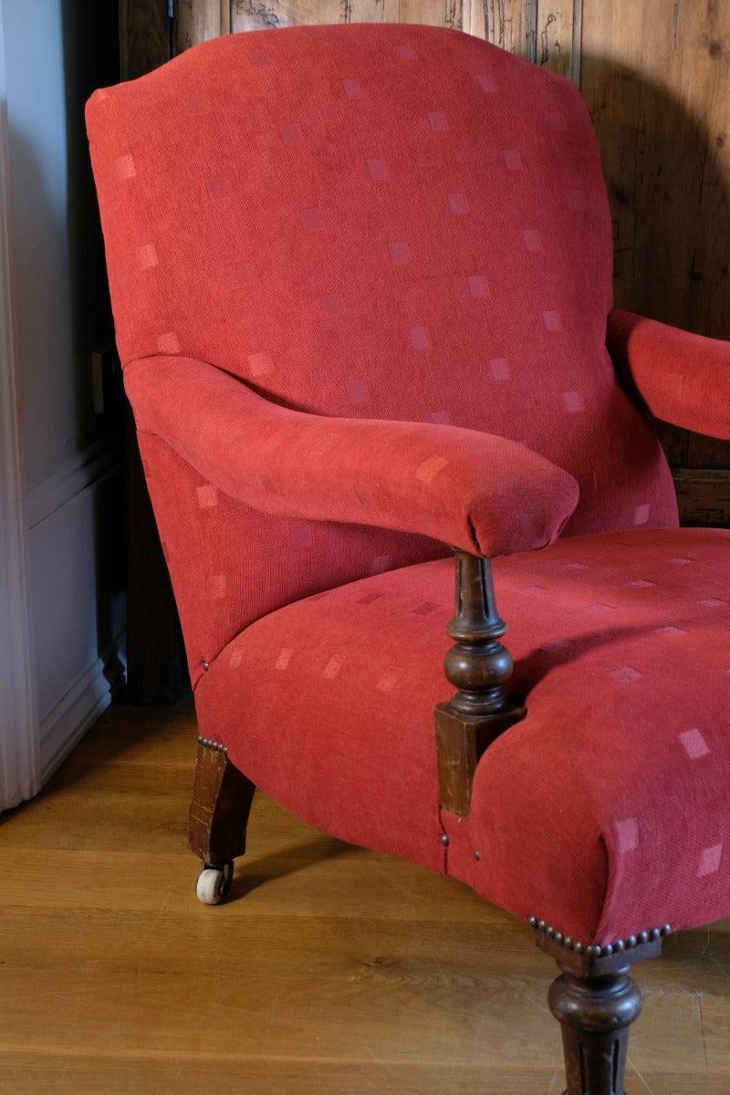 19th Century Open Arm Library Armchair With Serpentine Back and Original Castors