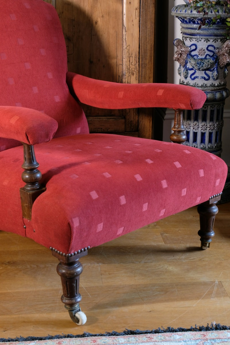 19th Century Open Arm Library Armchair With Serpentine Back and Original Castors