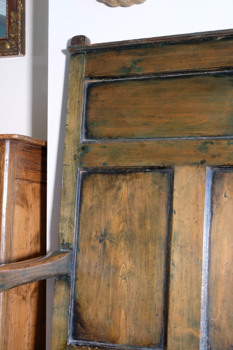 19th century Welsh oak panelled hall settle with storage and green painted finish