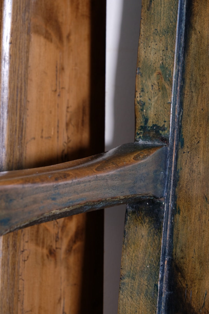 19th century Welsh oak panelled hall settle with storage and green painted finish
