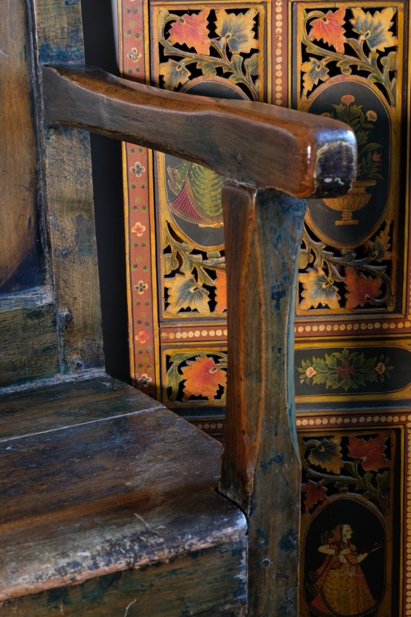 19th century Welsh oak panelled hall settle with storage and green painted finish