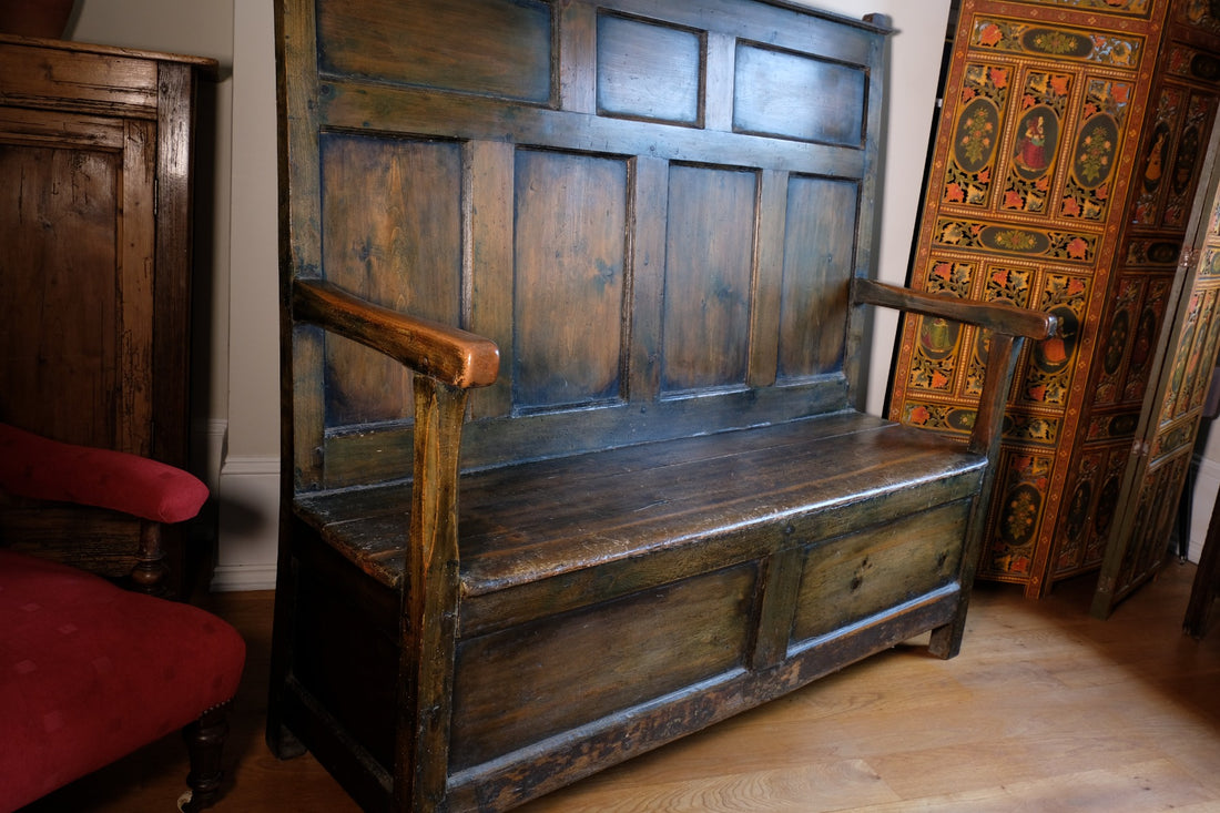 19th century Welsh oak panelled hall settle with storage and green painted finish