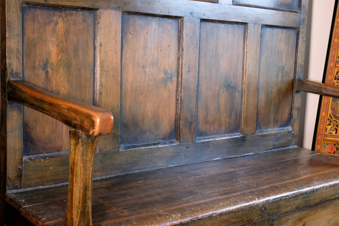 19th century Welsh oak panelled hall settle with storage and green painted finish