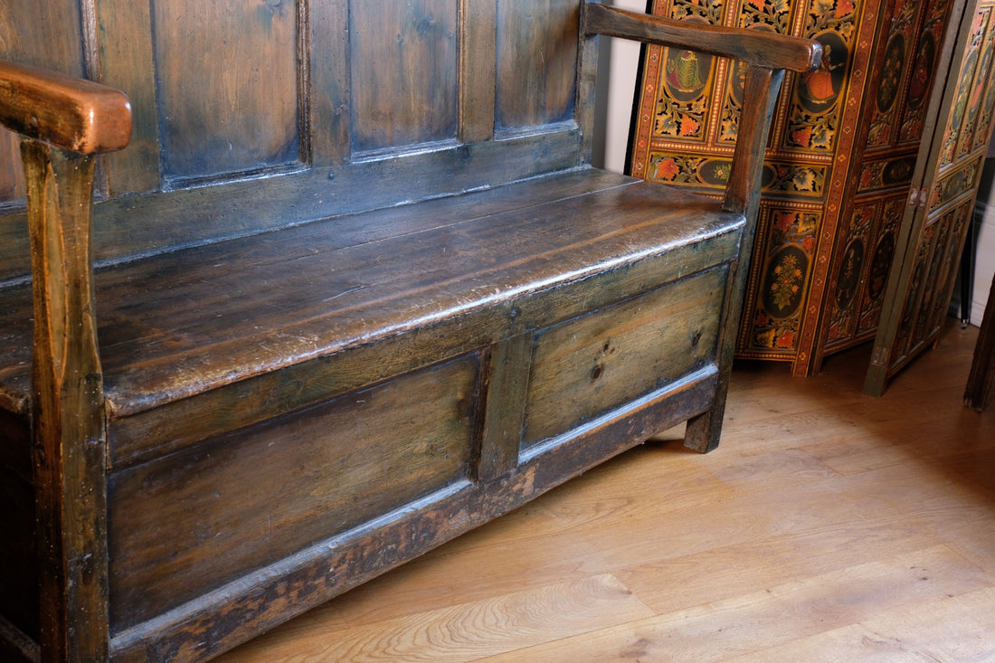 19th century Welsh oak panelled hall settle with storage and green painted finish