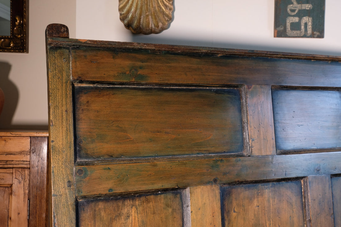 19th century Welsh oak panelled hall settle with storage and green painted finish