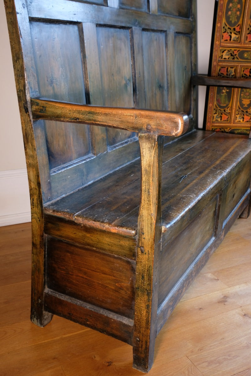 19th century Welsh oak panelled hall settle with storage and green painted finish