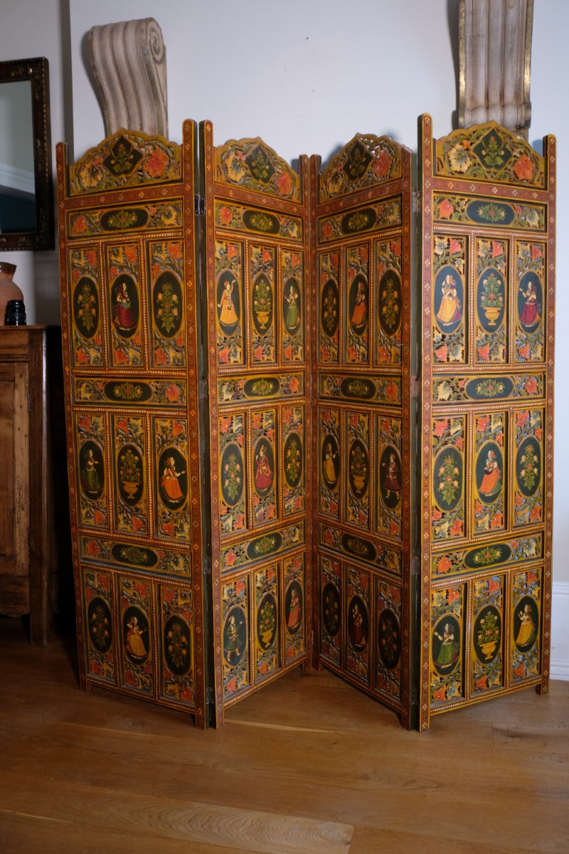 Hand-painted 19th century European folk art room divider with floral motifs and fretwork panels
