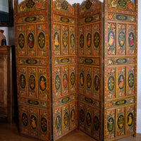 Hand-painted 19th century European folk art room divider with floral motifs and fretwork panels