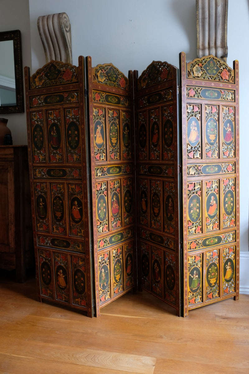 Hand-painted 19th century European folk art room divider with floral motifs and fretwork panels