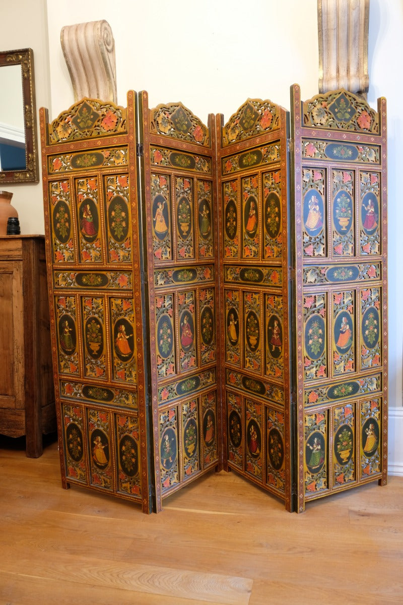 Hand-painted 19th century European folk art room divider with floral motifs and fretwork panels