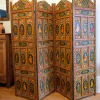 Hand-painted 19th century European folk art room divider with floral motifs and fretwork panels