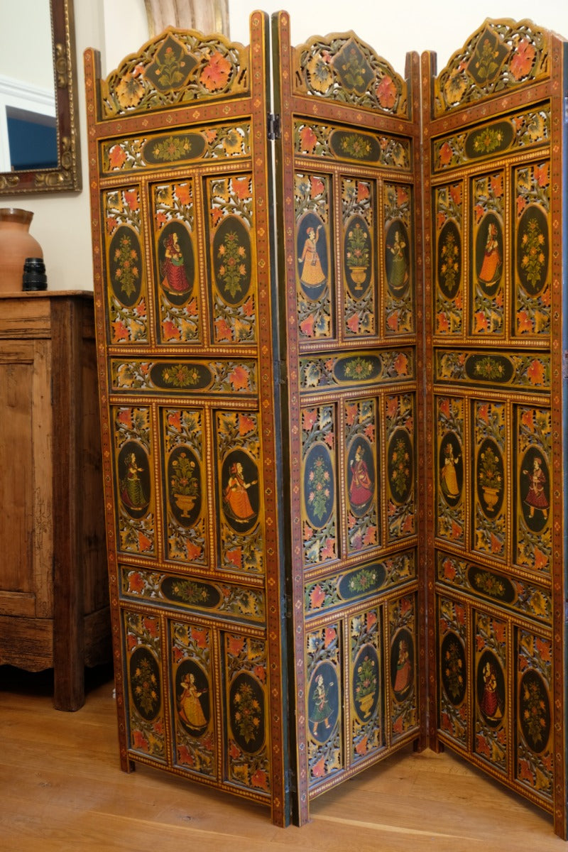 Hand-painted 19th century European folk art room divider with floral motifs and fretwork panels