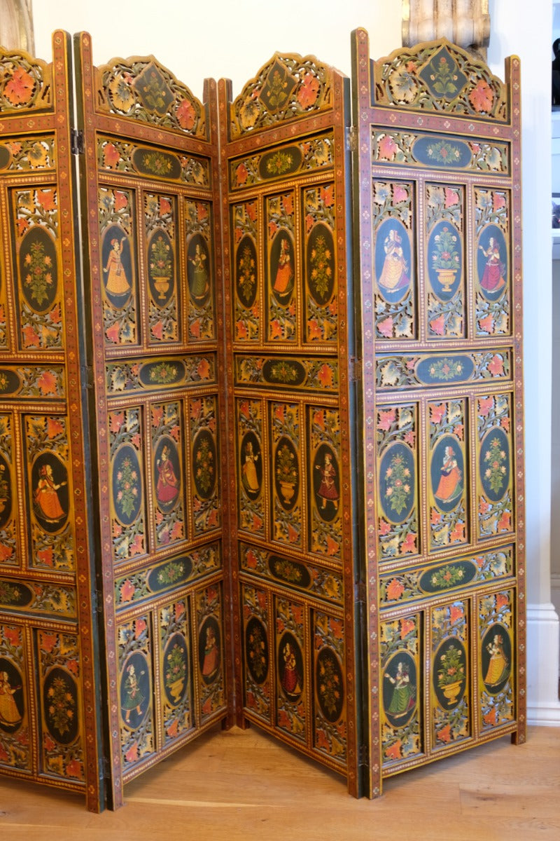 Hand-painted 19th century European folk art room divider with floral motifs and fretwork panels