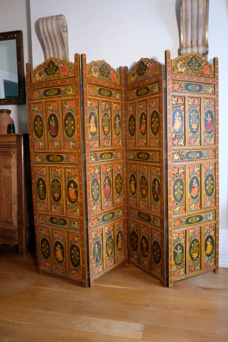 Hand-painted 19th century European folk art room divider with floral motifs and fretwork panels