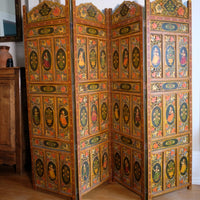 Hand-painted 19th century European folk art room divider with floral motifs and fretwork panels