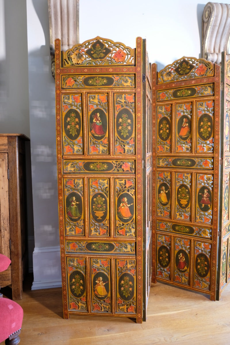 Hand-painted 19th century European folk art room divider with floral motifs and fretwork panels