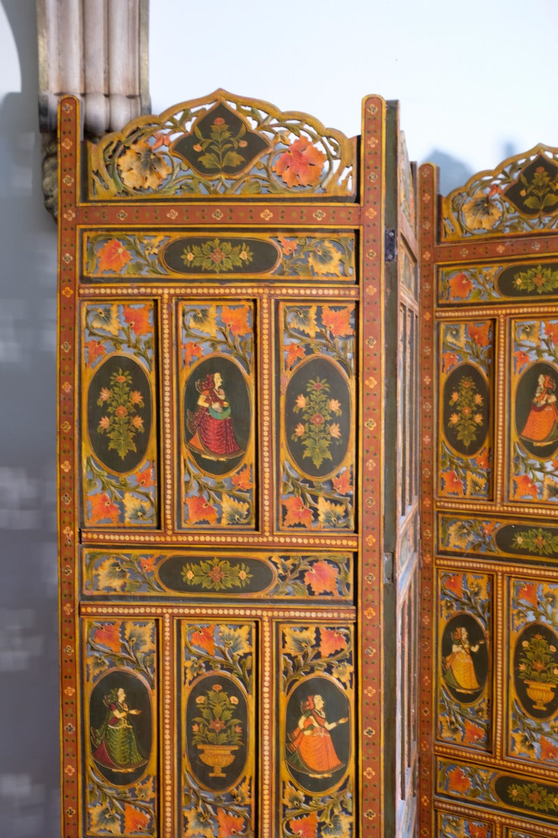 Hand-painted 19th century European folk art room divider with floral motifs and fretwork panels