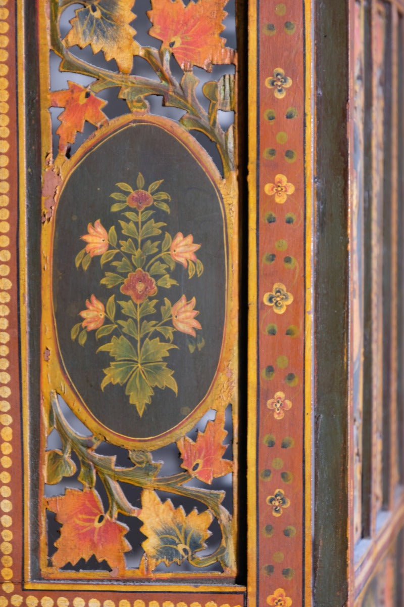 Hand-painted 19th century European folk art room divider with floral motifs and fretwork panels