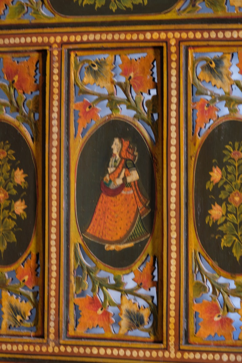 Hand-painted 19th century European folk art room divider with floral motifs and fretwork panels