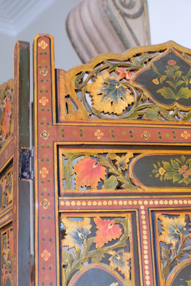 Hand-painted 19th century European folk art room divider with floral motifs and fretwork panels