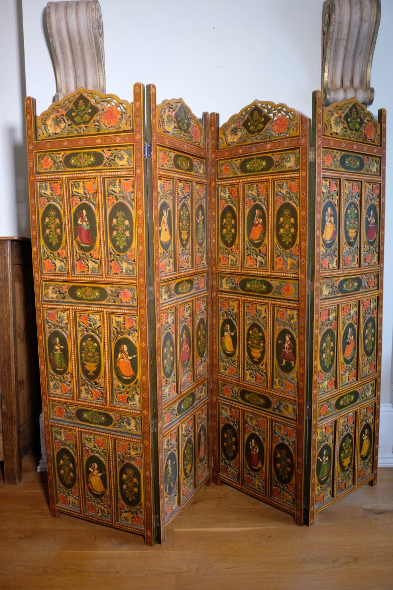 Hand-painted 19th century European folk art room divider with floral motifs and fretwork panels
