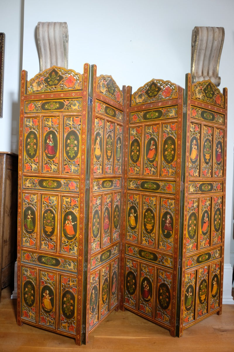 Hand-painted 19th century European folk art room divider with floral motifs and fretwork panels