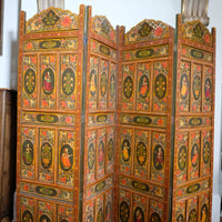 Hand-painted 19th century European folk art room divider with floral motifs and fretwork panels