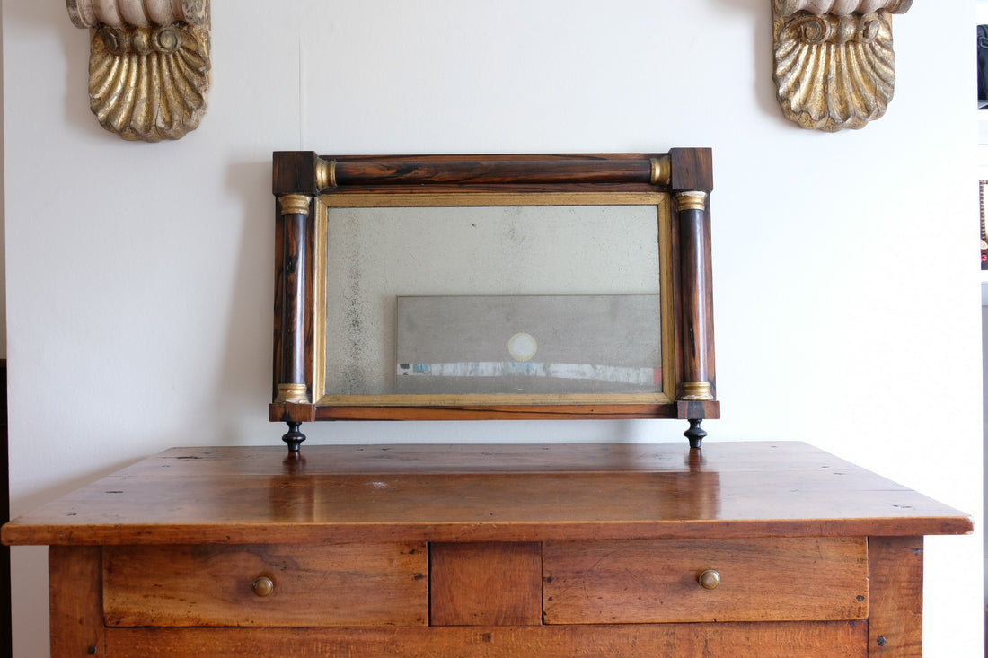 William IV period rosewood and gilt overmantel mirror with foxed glass