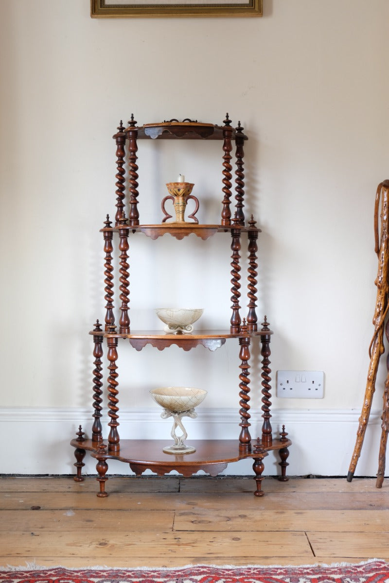 Walnut etagere waterfall shelves barley twist columns