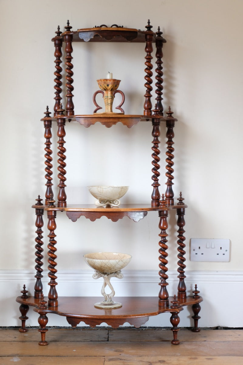 Walnut etagere waterfall shelves barley twist columns