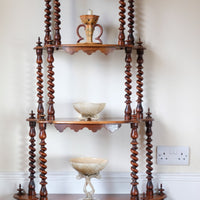 Walnut etagere waterfall shelves barley twist columns