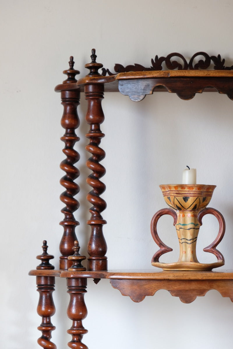 Detail showing wooden finial screw thread joint walnut etagere