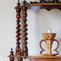 Detail showing wooden finial screw thread joint walnut etagere