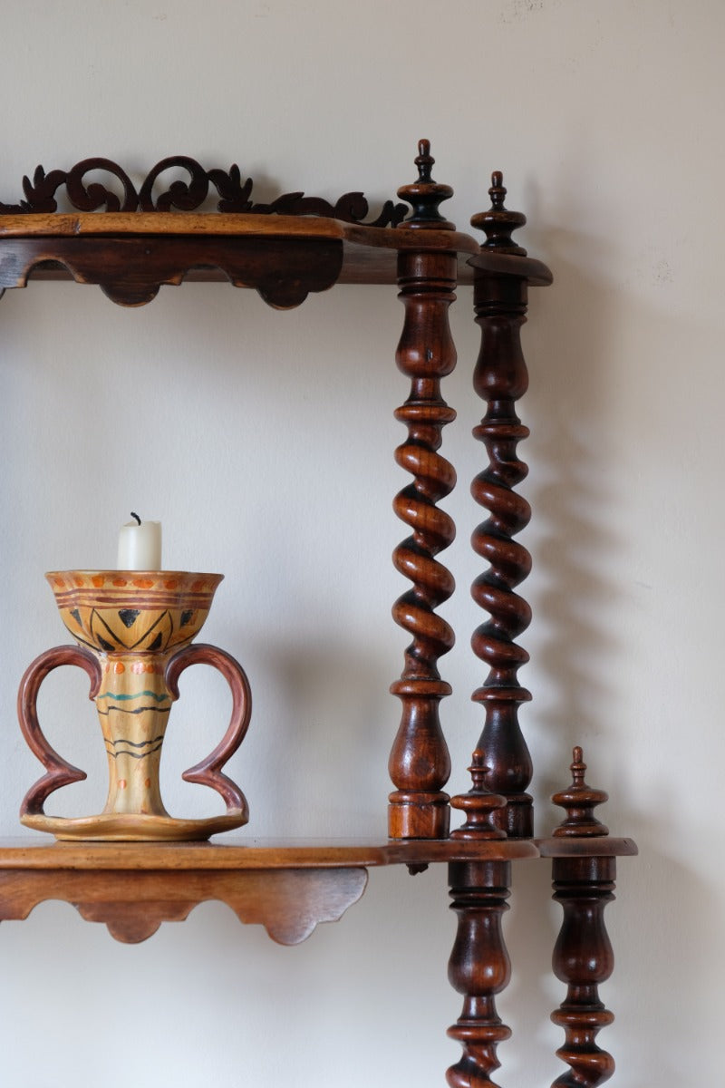 Walnut etagere waterfall shelves barley twist columns