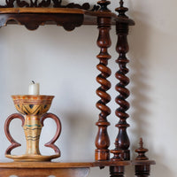Walnut etagere waterfall shelves barley twist columns