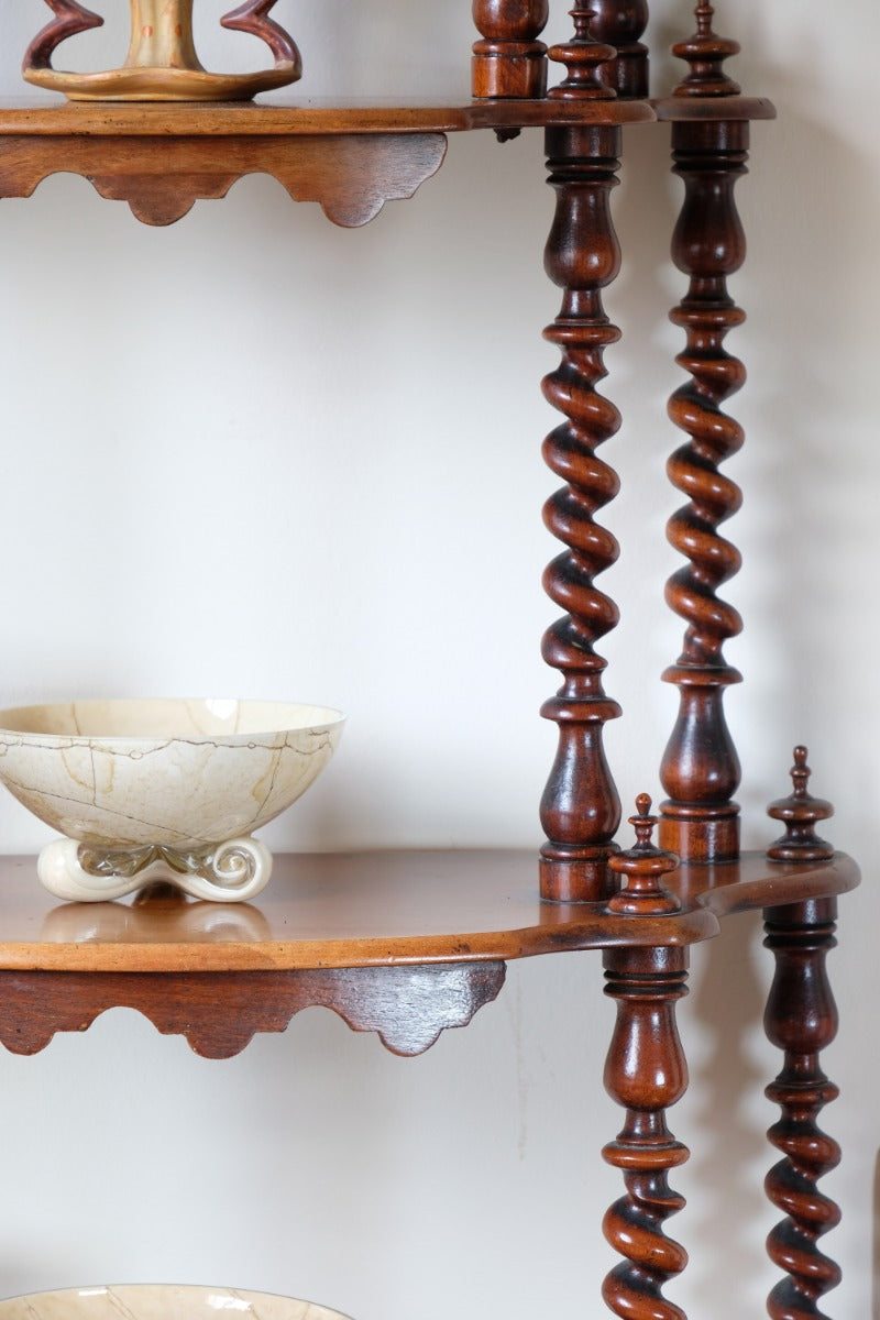 Walnut etagere waterfall shelves barley twist columns
