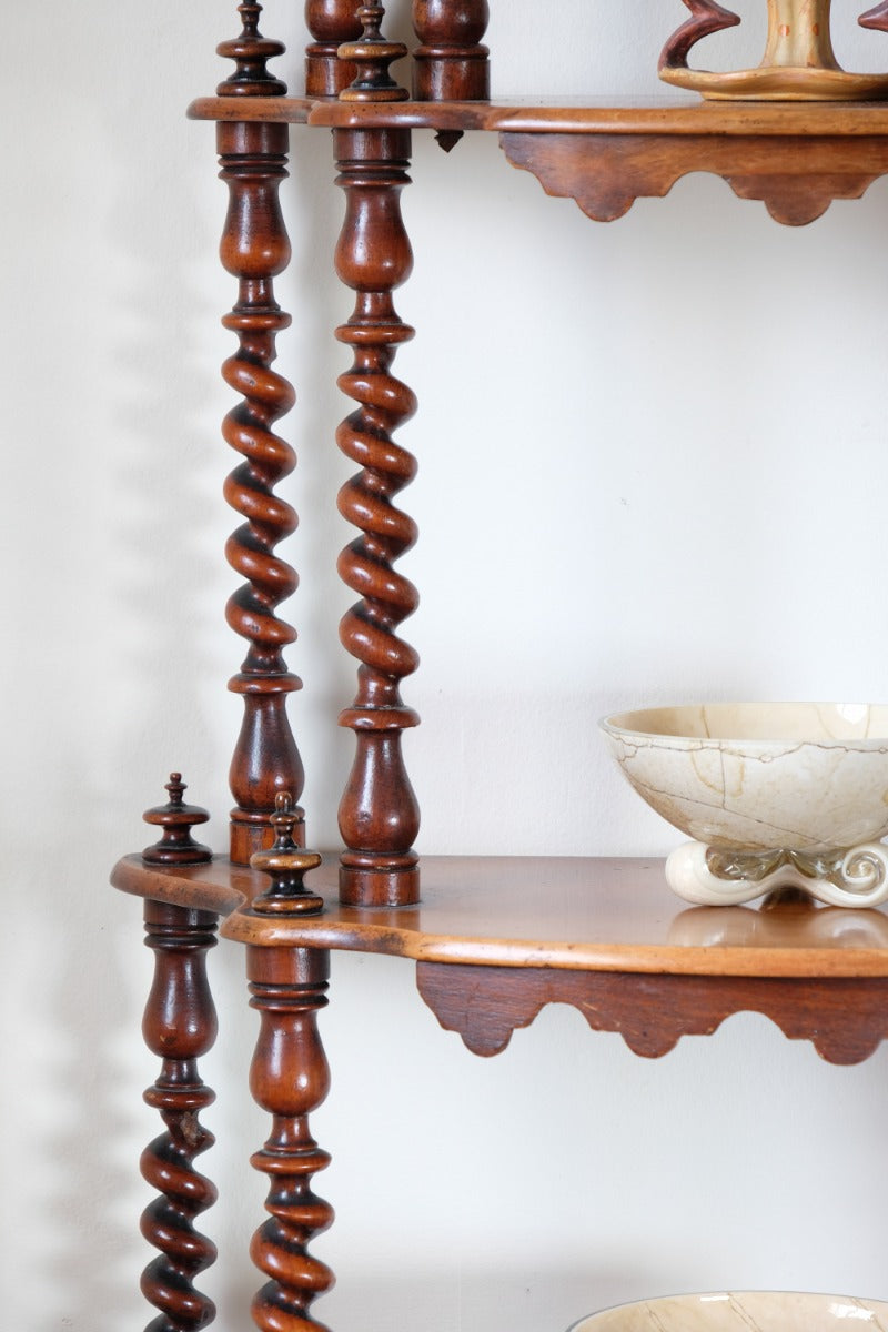 Walnut etagere waterfall shelves barley twist columns