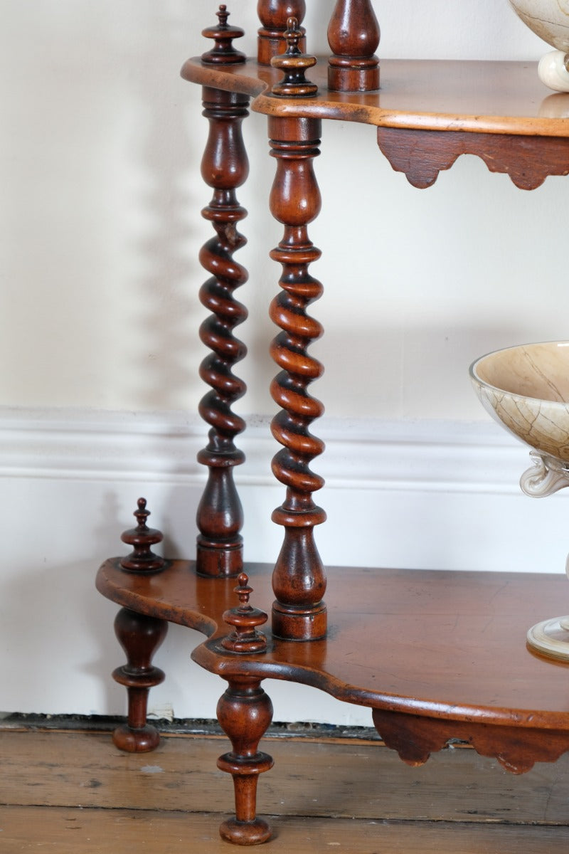 Walnut etagere waterfall shelves barley twist columns