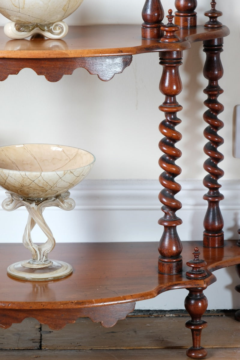 Walnut etagere waterfall shelves barley twist columns