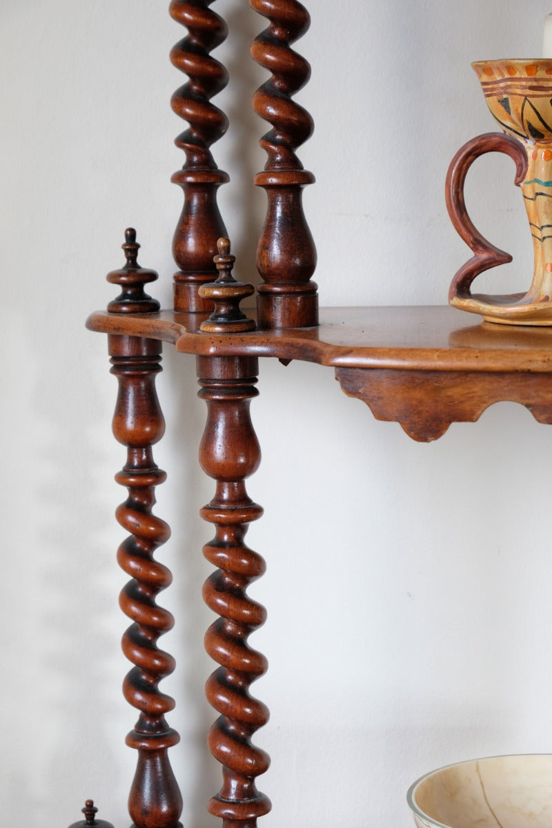Walnut etagere waterfall shelves barley twist columns