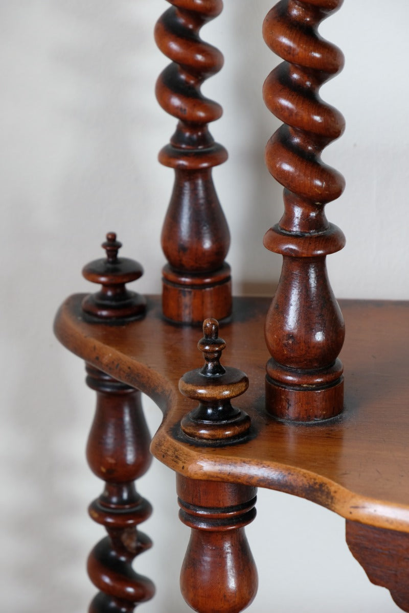 Walnut etagere waterfall shelves barley twist columns