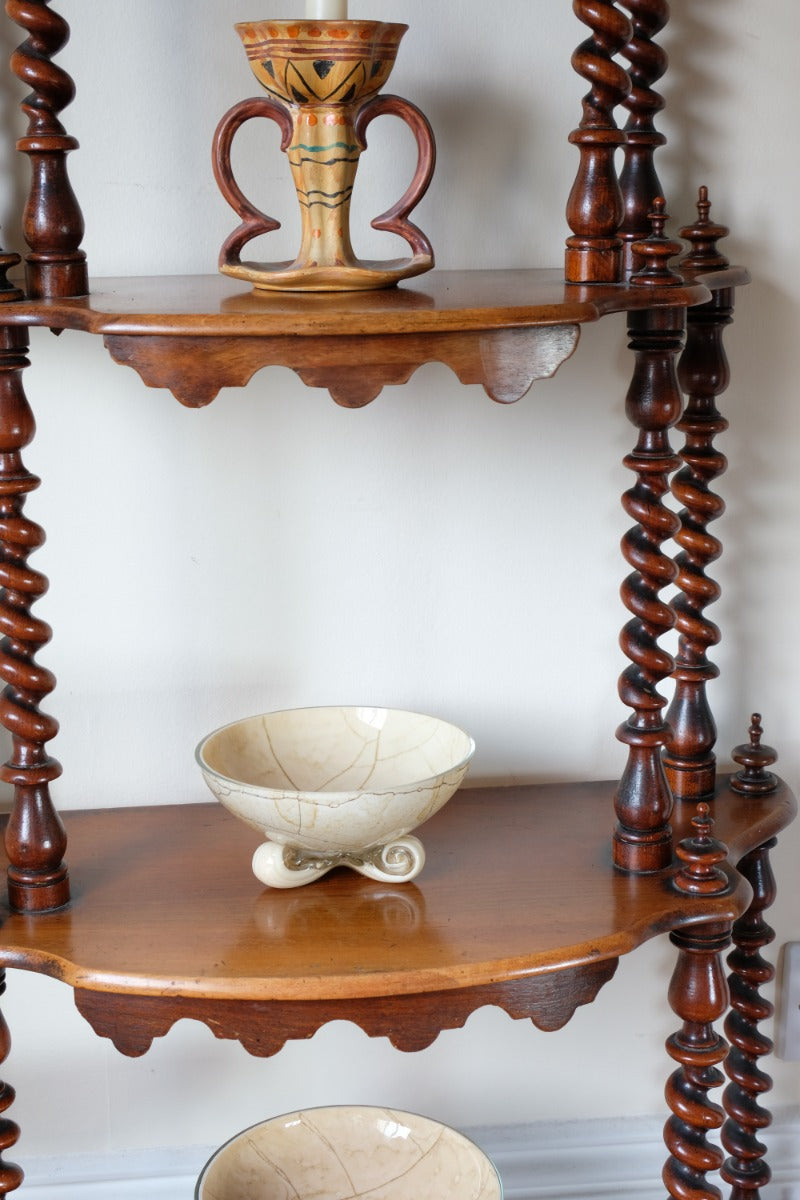 Walnut etagere waterfall shelves barley twist columns